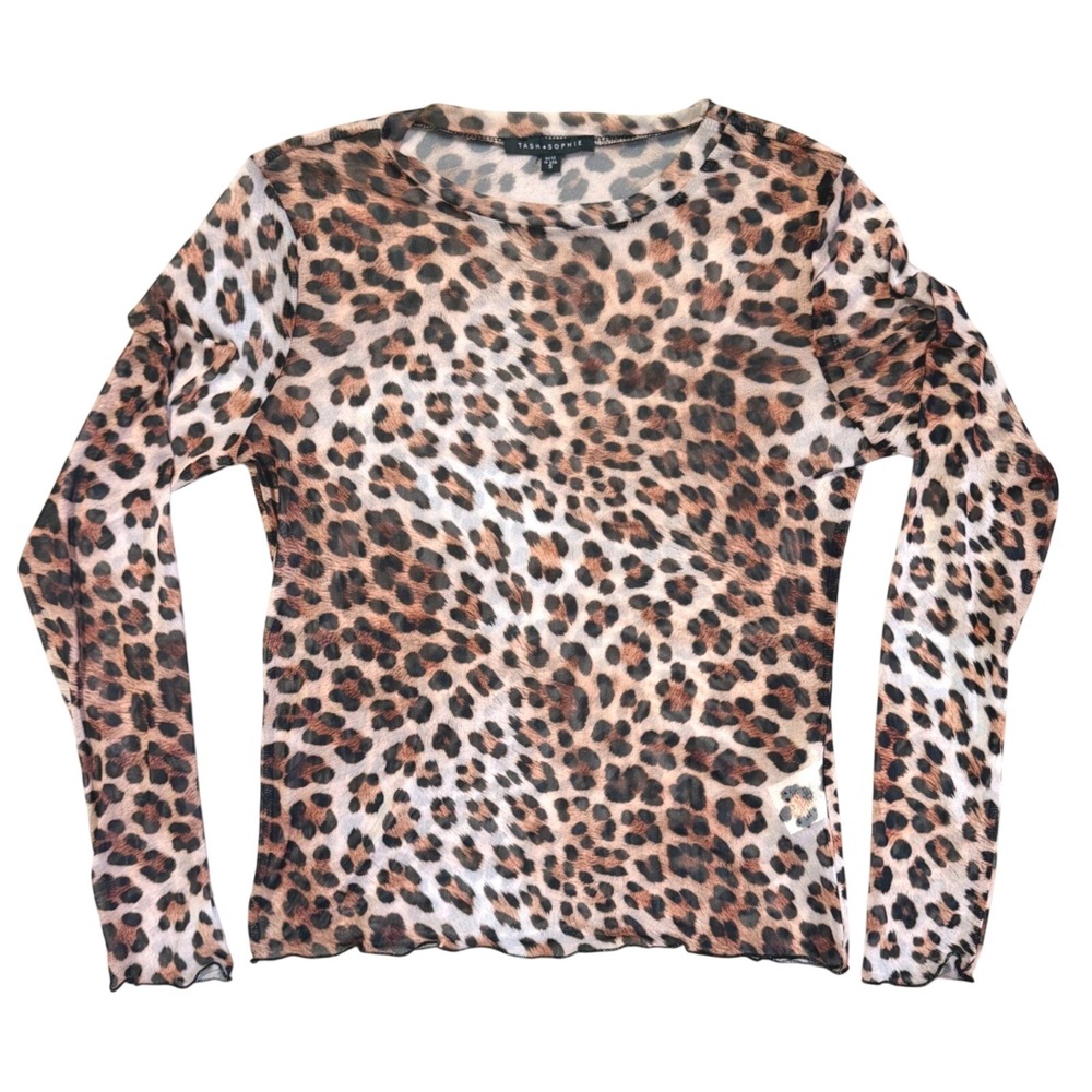 Sheer Leopard Mesh Top Womens Small Brown Tan Lettuce Edge Fall Layer